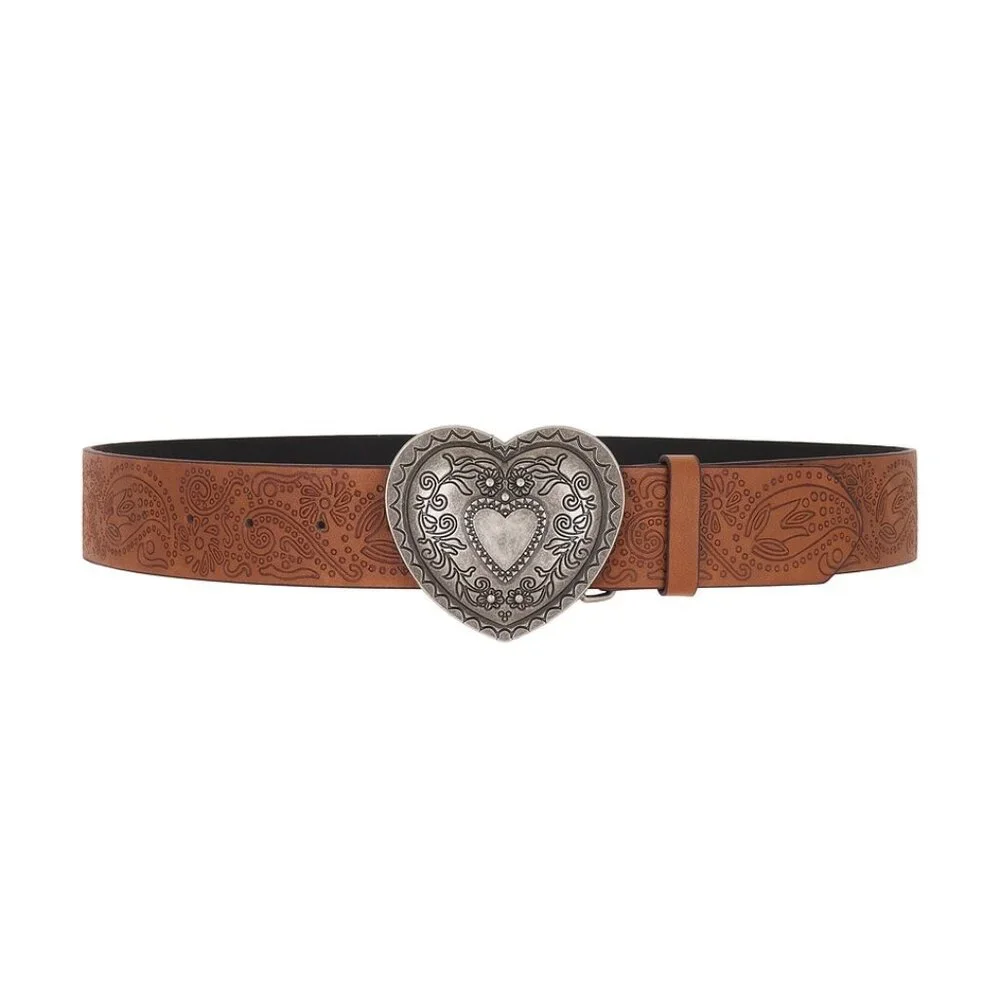 New Lovers and Friends Heart Buckle Belt in Brown Silver leather western cowboy